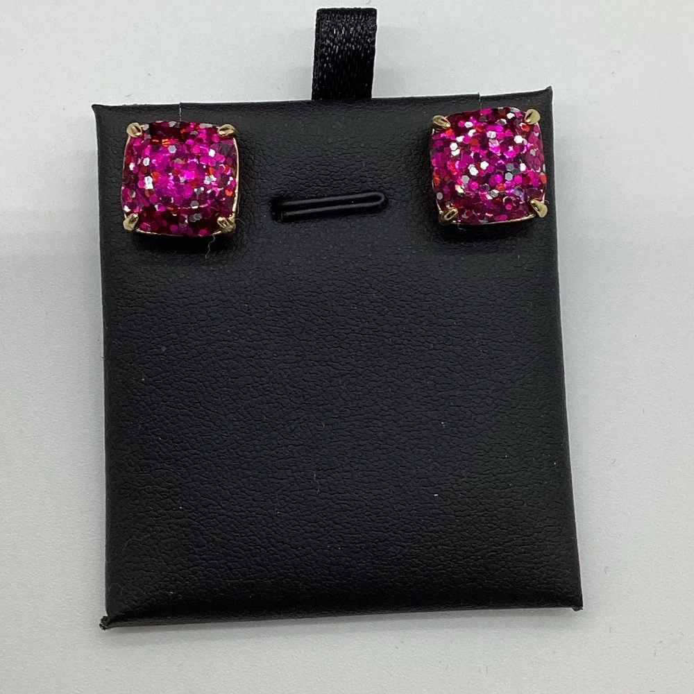 214. Fuchsia & Gold Sparkle Square Peg Earrings EUC